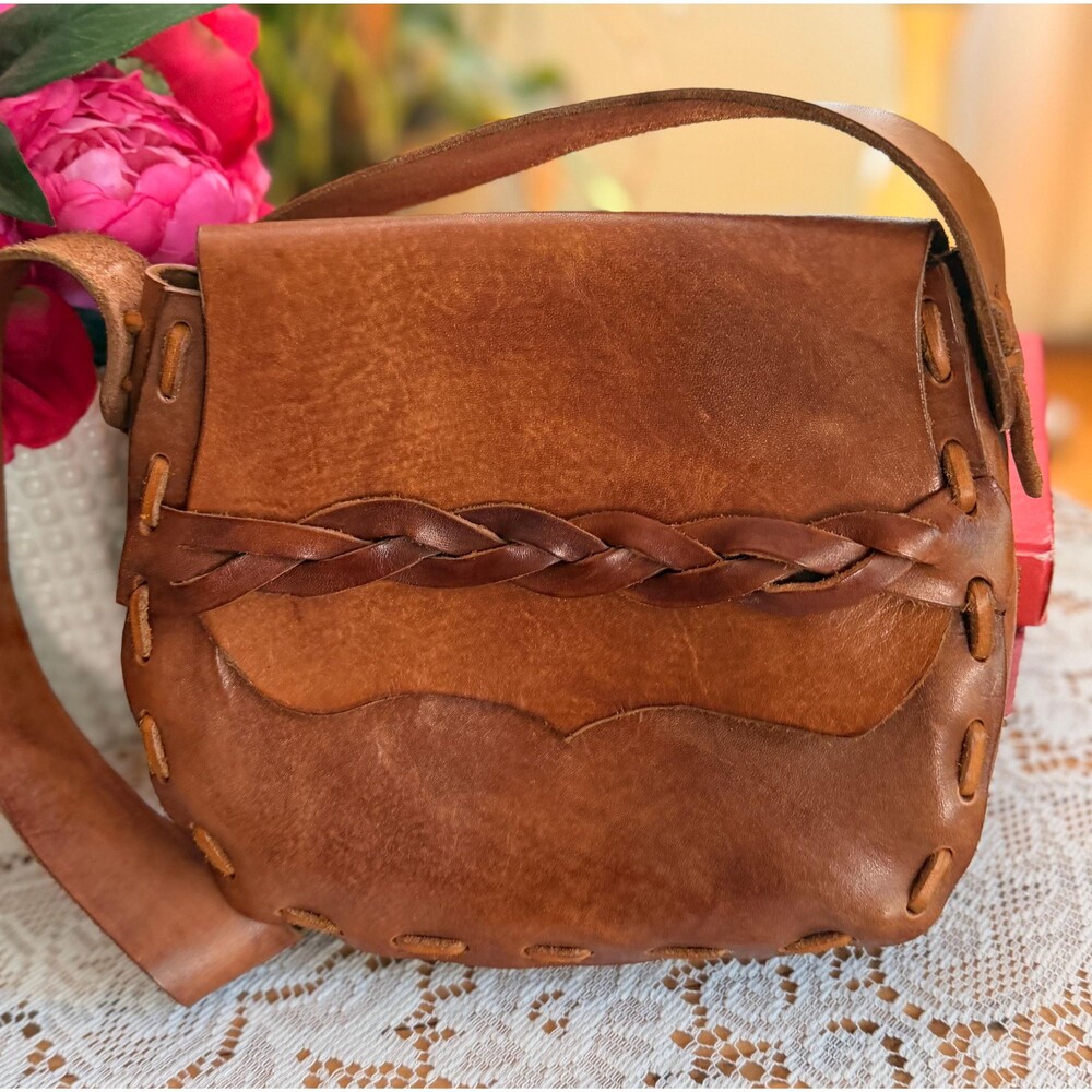 Vintage 70s Leather Shoulder Bag, Brown Braided Boho Purse, Handmade Whipstitch